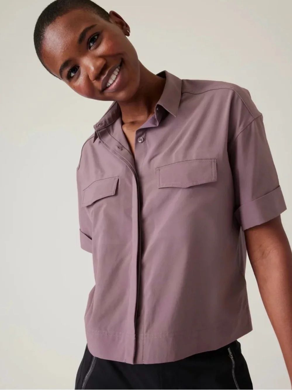 Athleta Hike Packable Button Front Short Sleeve Crop Athleisure Activewear Shirt